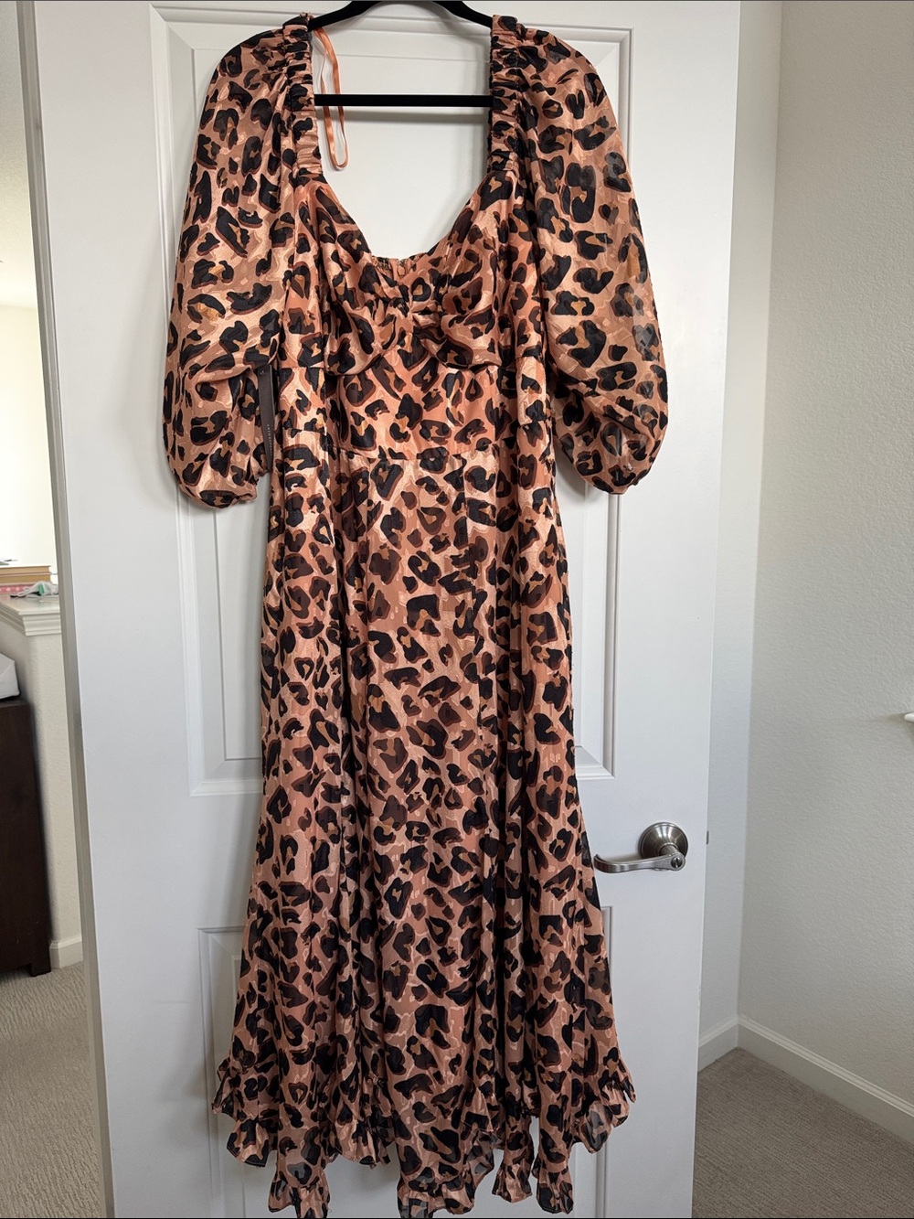 Hutch Leopard-Print Puff Sleeve Maxi Dress in Copper and Black